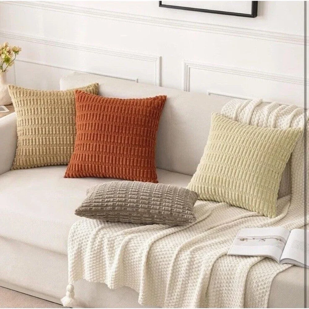 Pack of 2 Corduroy Decorative Throw Pillow Covers 18x18 Inch Soft Boho Striped